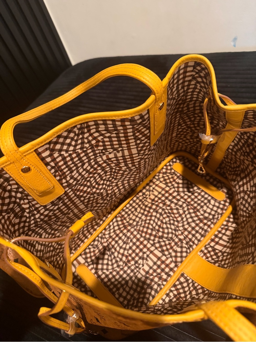 MCM Cognac Visetos Tote with Yellow Trim and Pouch - Picture 7 of 8